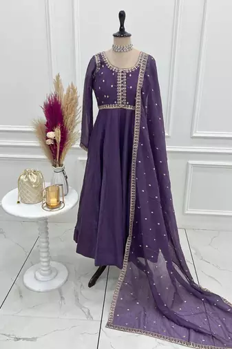 Purple silk blend embroidered anarkali set