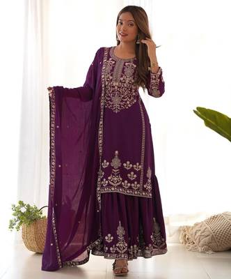 Purple silk blend embroidered palazzo set 3