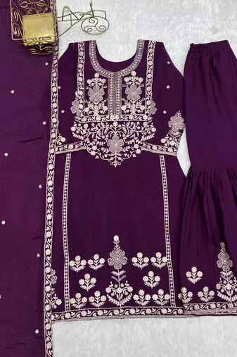 Purple silk blend embroidered palazzo set