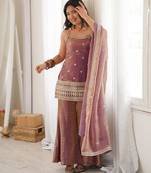Mauve silk blend embroidered palazzo set