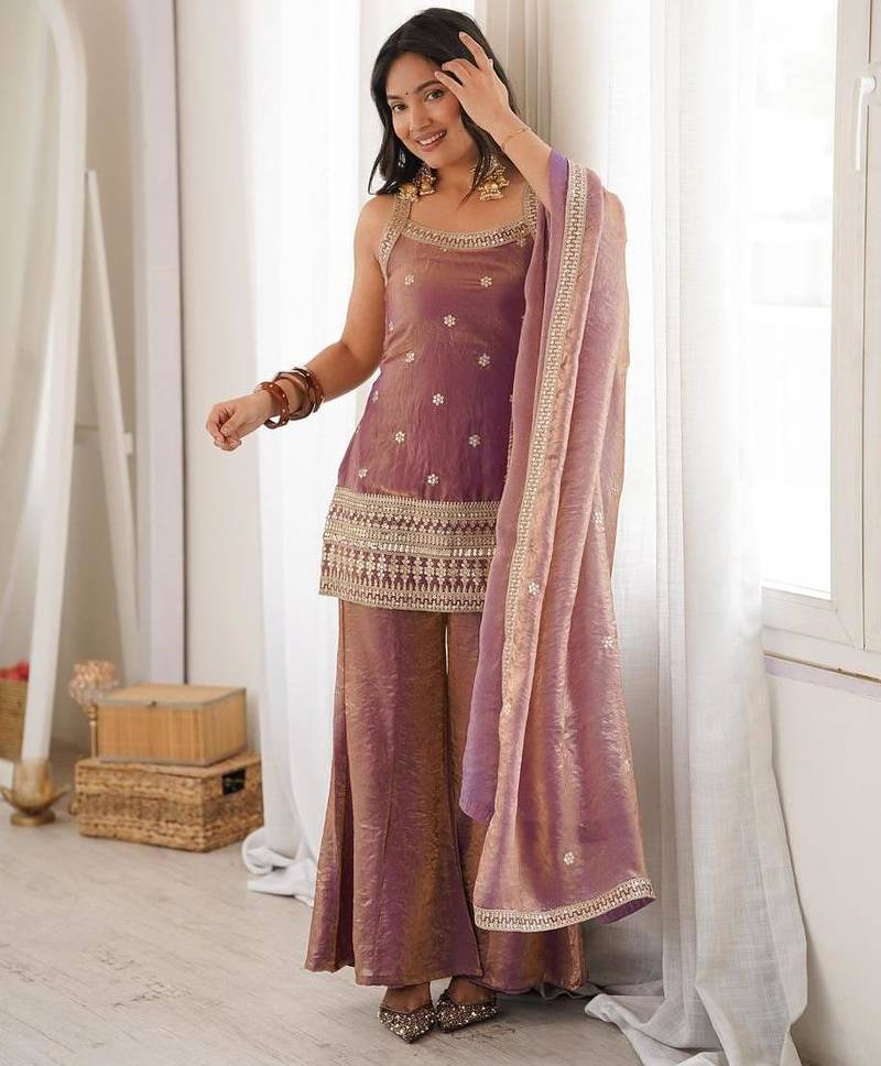 Mauve silk blend embroidered palazzo set