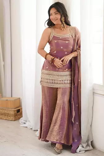Mauve silk blend embroidered palazzo set