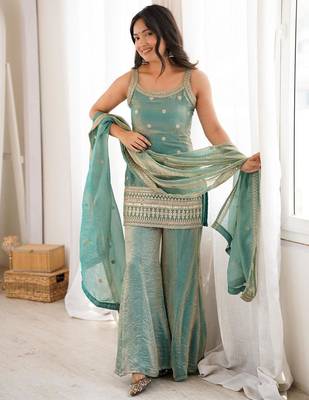 Sea green silk blend embroidered palazzo set 1