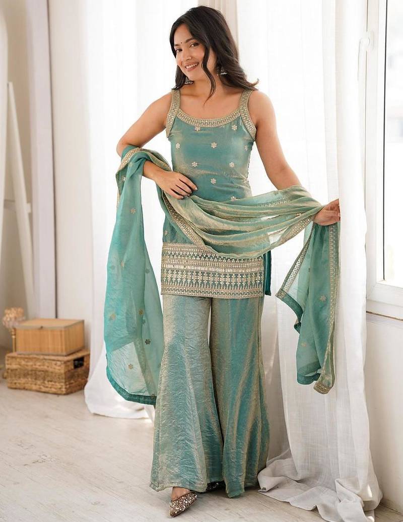 Sea green silk blend embroidered palazzo set