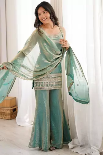 Sea green silk blend embroidered palazzo set