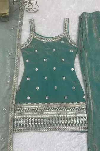 Sea green silk blend embroidered palazzo set