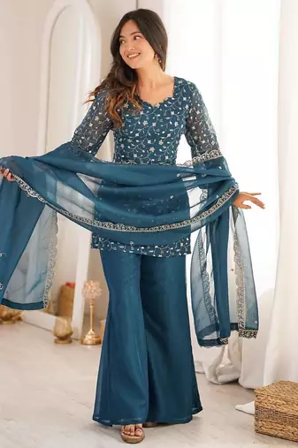 Teal silk blend embroidered palazzo set