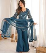 Teal silk blend embroidered palazzo set