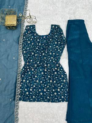 Teal silk blend embroidered palazzo set 3