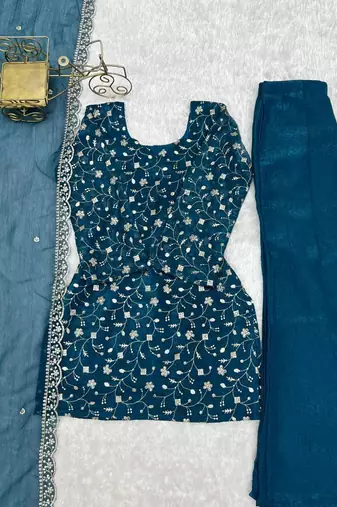 Teal silk blend embroidered palazzo set