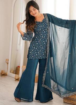 Teal silk blend embroidered palazzo set 4