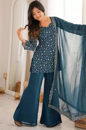 Teal silk blend embroidered palazzo set