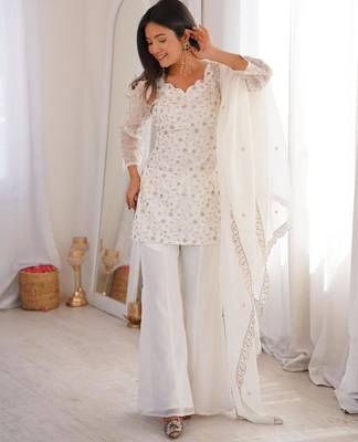 White silk blend embroidered palazzo set 2