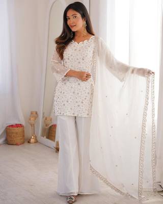 White silk blend embroidered palazzo set 3