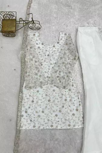 White silk blend embroidered palazzo set