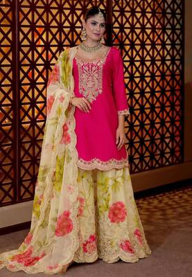Pink silk blend printed sharara set 1