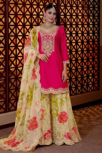 Pink silk blend printed sharara set