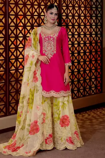 Pink silk blend printed sharara set