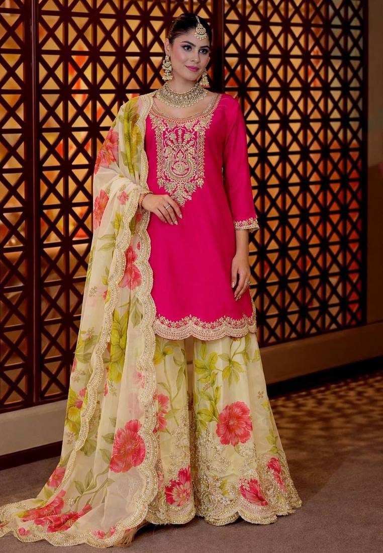 Pink silk blend printed sharara set