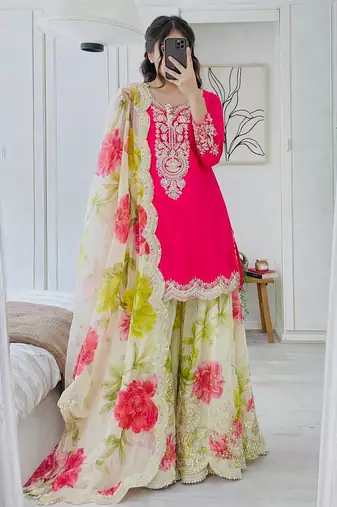 Pink silk blend printed sharara set