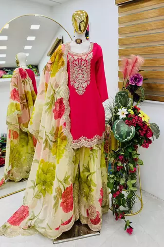 Pink silk blend printed sharara set