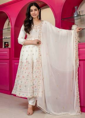 Off white silk blend embroidered anarkali set 1