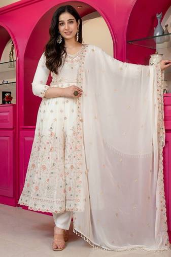 Off white silk blend embroidered anarkali set