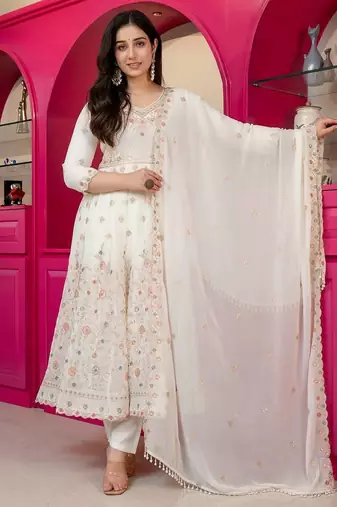 Off white silk blend embroidered anarkali set