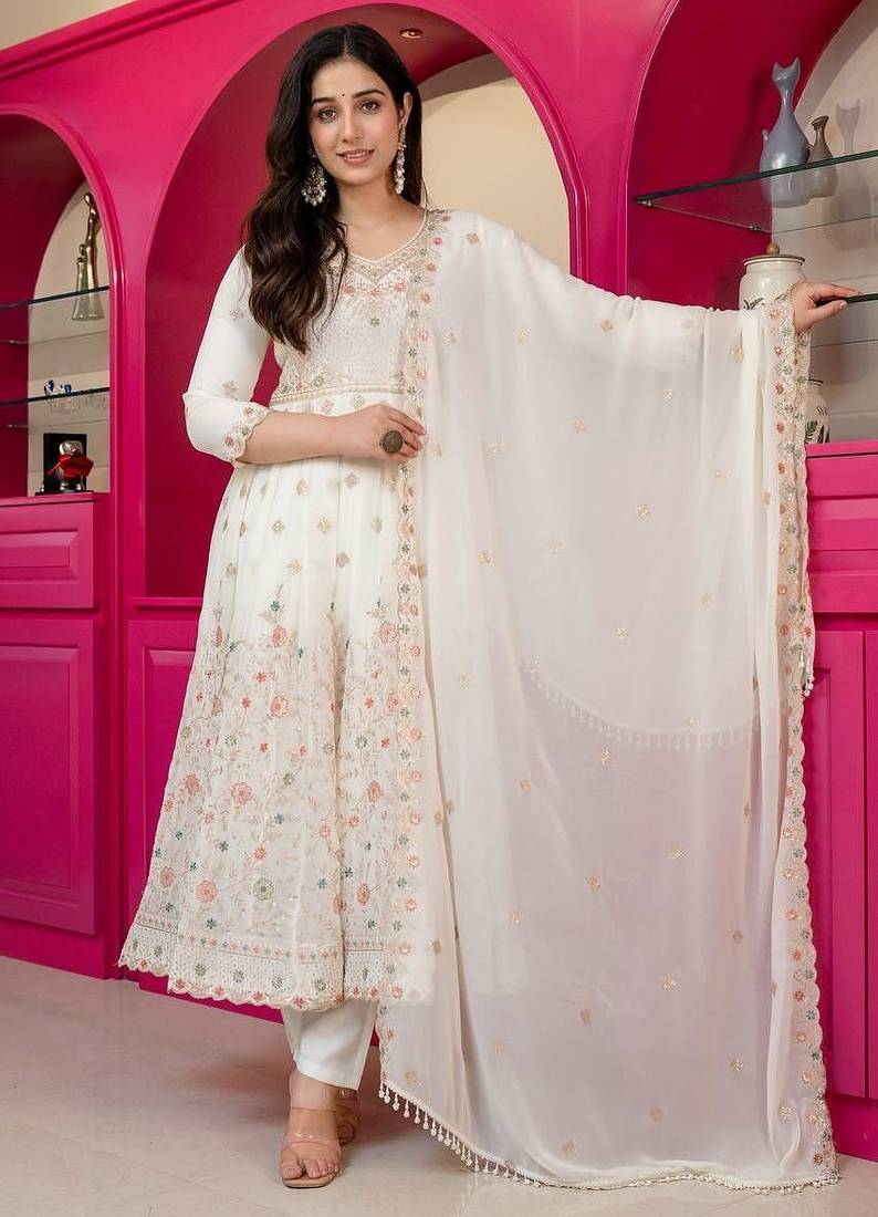 Off white silk blend embroidered anarkali set