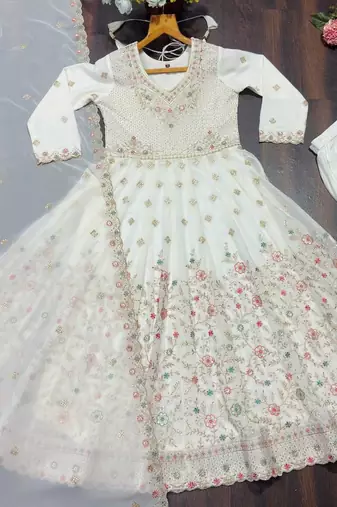 Off white silk blend embroidered anarkali set