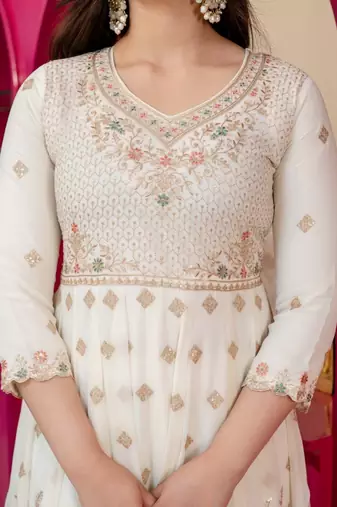 Off white silk blend embroidered anarkali set