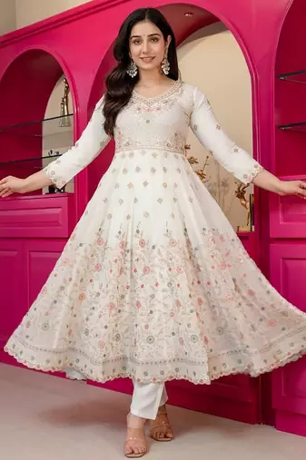 Off white silk blend embroidered anarkali set