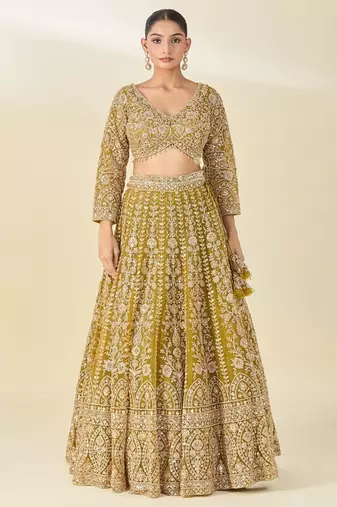 mustard net embroidered lehenga choli