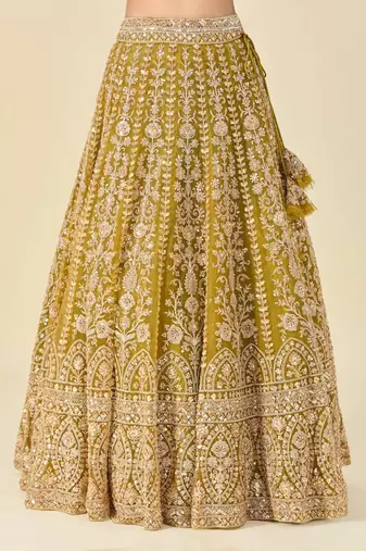 mustard net embroidered lehenga choli