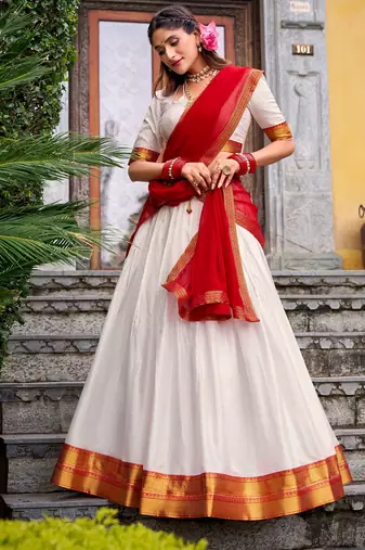 white cotton poly woven lehenga choli