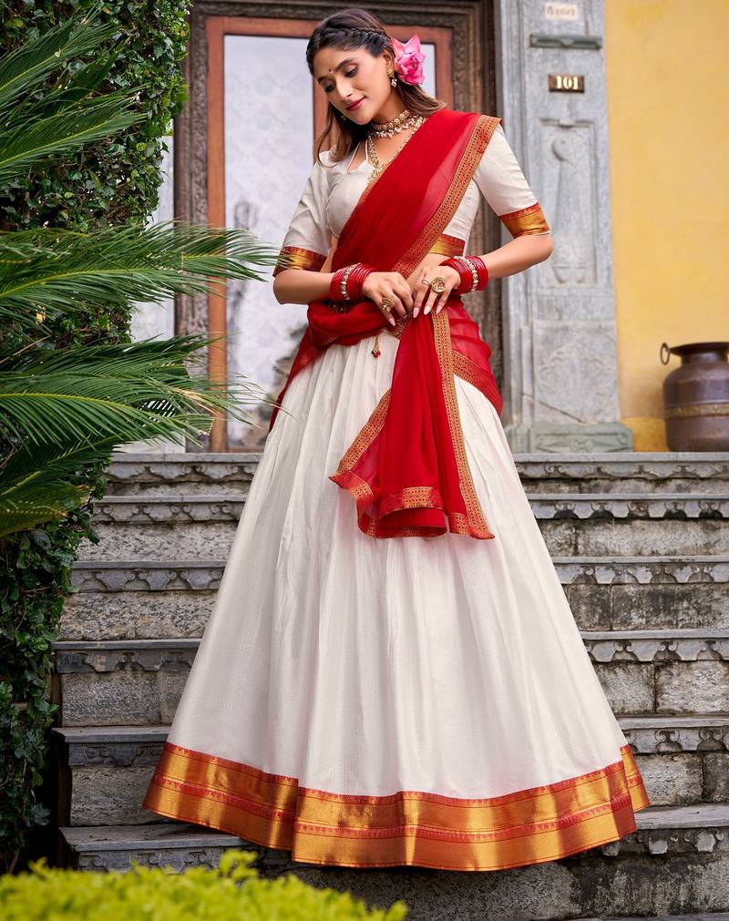 white cotton poly woven lehenga choli