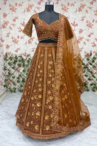 dark orange net embroidered lehenga choli