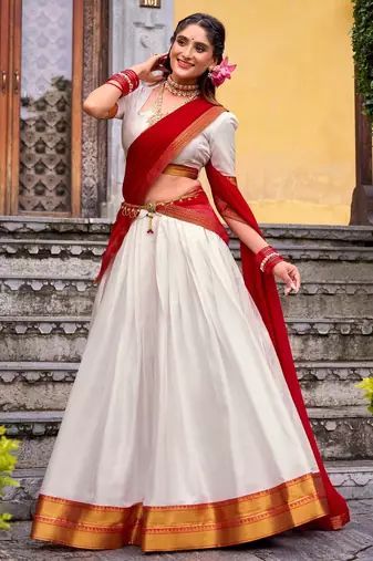white cotton poly woven lehenga choli