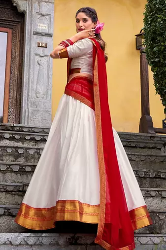white cotton poly woven lehenga choli