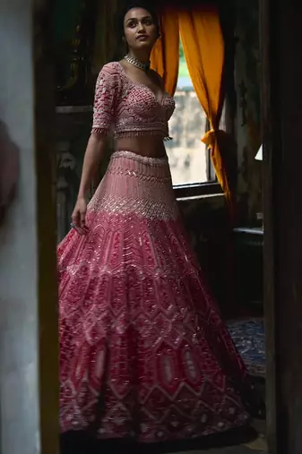 pink georgette embroidered lehenga choli