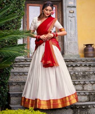 white cotton poly woven lehenga choli 4