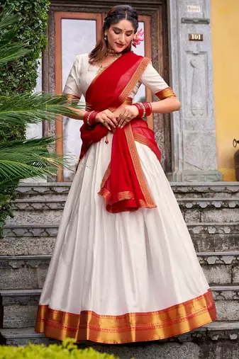 white cotton poly woven lehenga choli