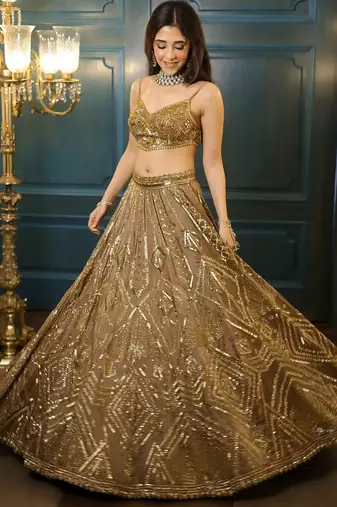 champagne net embroidered lehenga choli