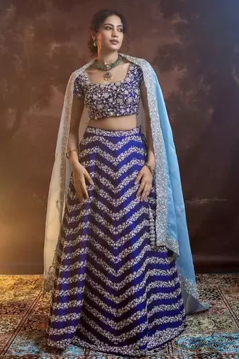 blue silk blend embroidered lehenga choli