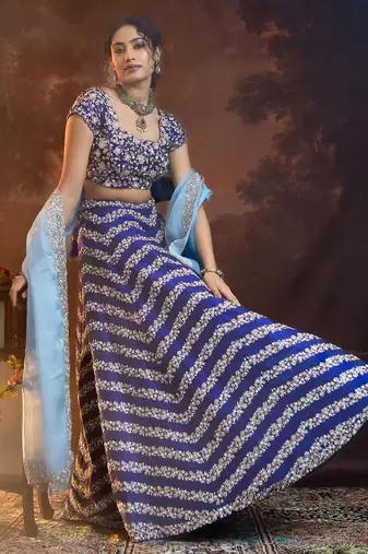 blue silk blend embroidered lehenga choli