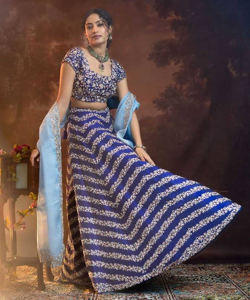 blue silk blend embroidered lehenga choli