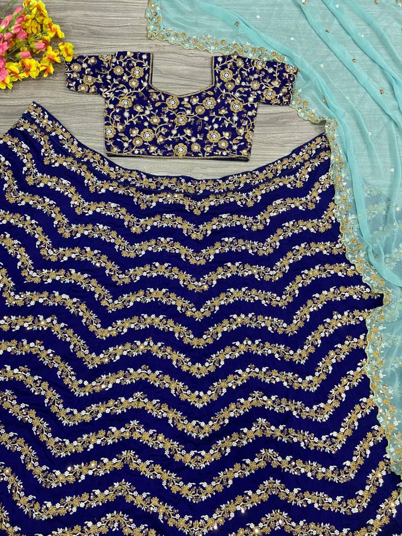 blue silk blend embroidered lehenga choli