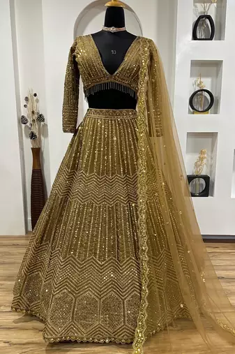 gold georgette embroidered lehenga choli