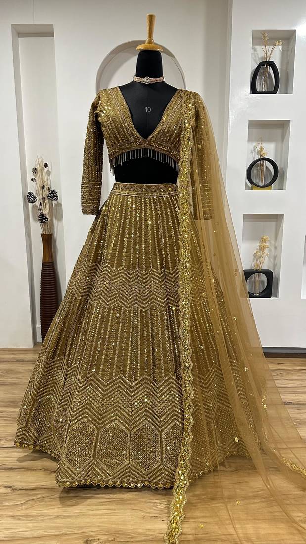 gold georgette embroidered lehenga choli