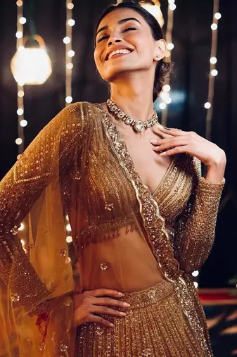 gold georgette embroidered lehenga choli
